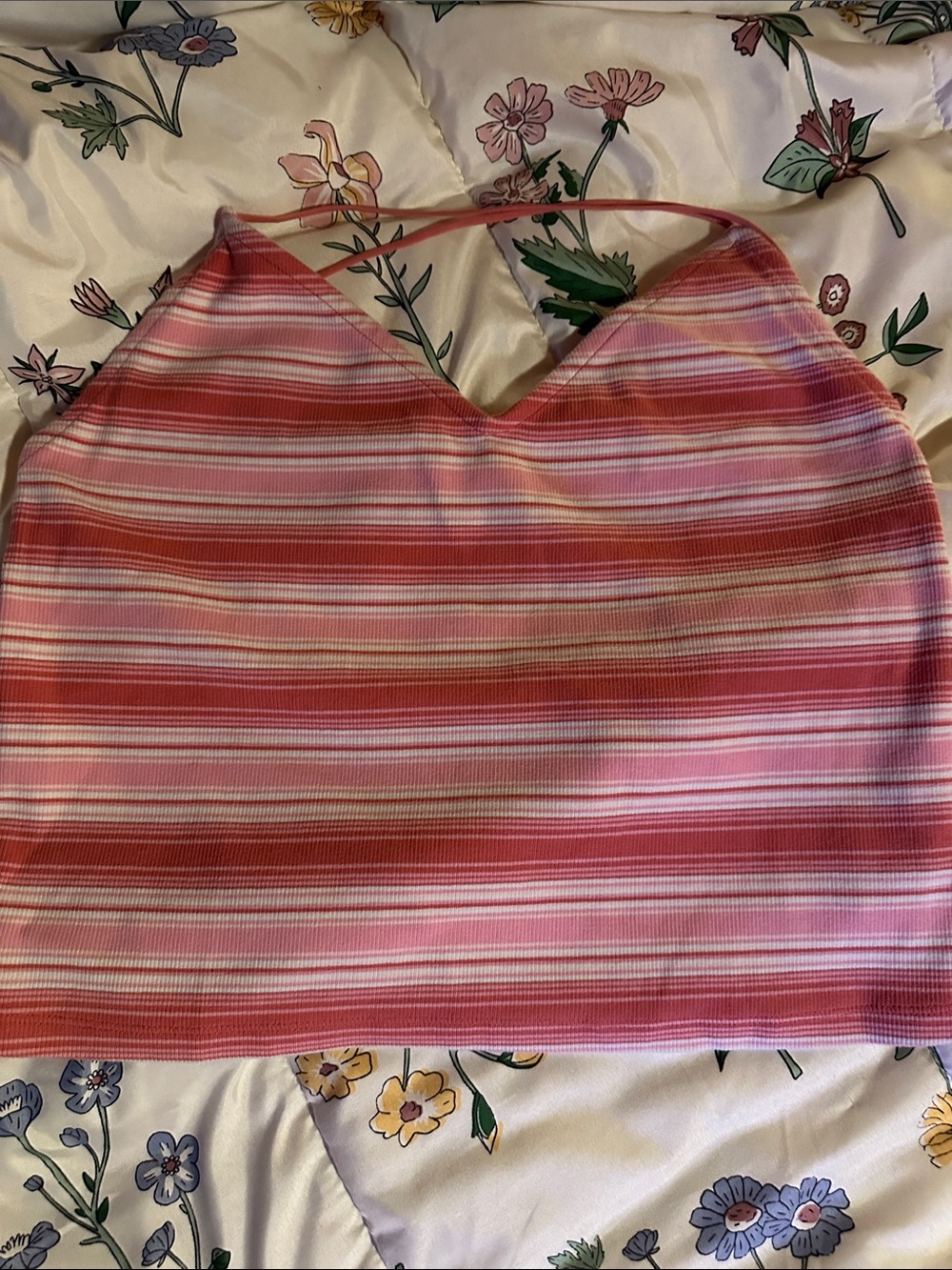 American Eagle Outfitters Pink and Coral Striped V-Neck Cropped Tank cvd